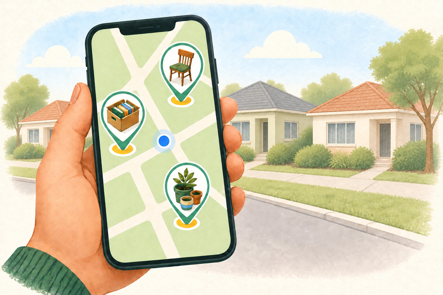 A hand holding a phone with a map showing nearby chairs, books and plants.