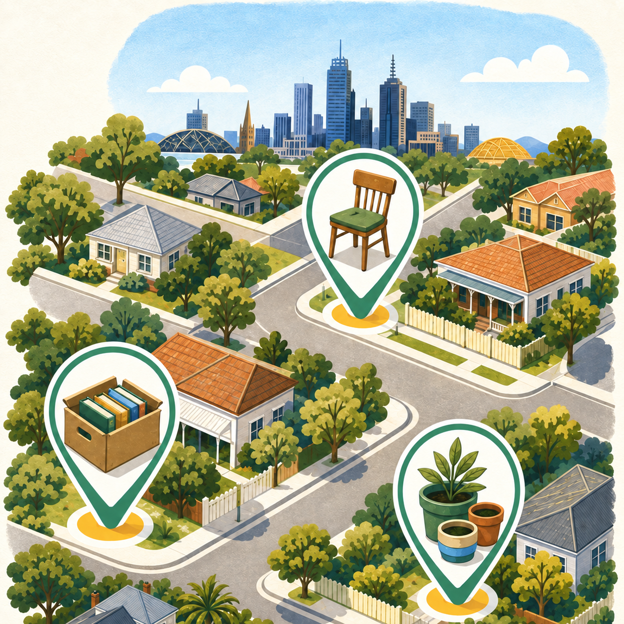 Illustrated Australian neighbourhood with free chairs, books and plants marked nearby