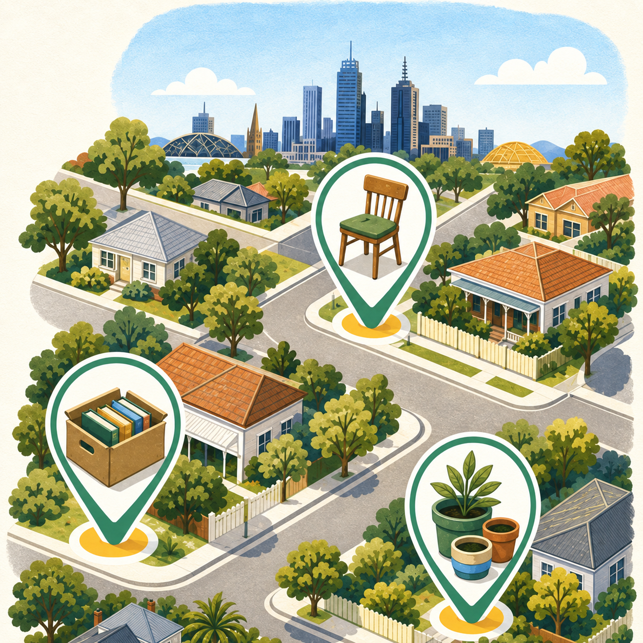 Chairs, books and plants marked on a neighbourhood map
