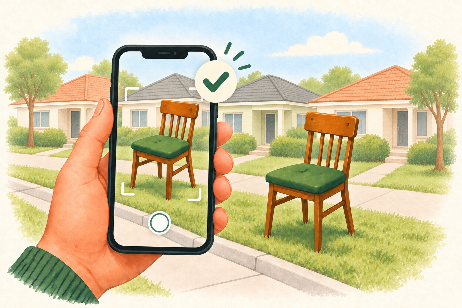 A hand using a phone to photograph a nearby wooden chair, with a green tick above the screen.