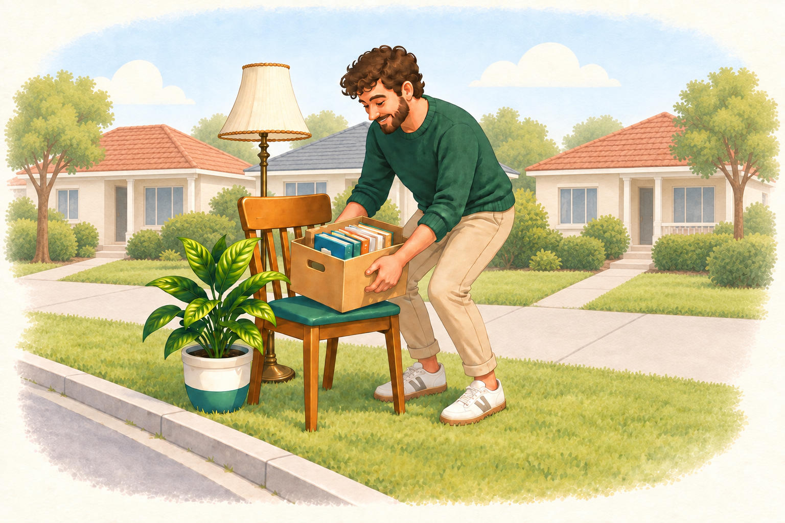 A neighbour collecting a box of books from a wooden chair, with a tall floor lamp behind it and a potted plant beside it on a grassy verge.